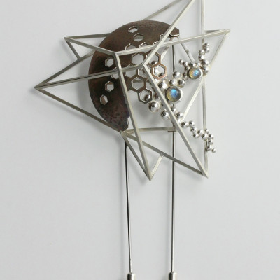 Morphology Brooch II. Double pin brooch, sterling silver (part oxidised) with labradorite cabochons. £1,250.