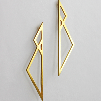 Isometric Earrings II. Long stud earrings, sterling silver plated with 22ct gold, £145.