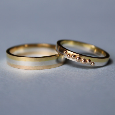 Pair of wedding bands in silver, 9ct and 18ct gold, created from repurposed family heirlooms. May 2015